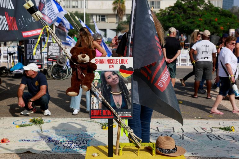 A picture of Shani Nicole Louk, who is missing, is displayed during a demo<em></em>nstration by family members and supporters of hostages who are being held in Gaza