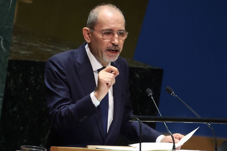 Ayman Safadi, Deputy Prime Minister and Minister for Foreign Affairs of Jordan, speaks to an emergency special session of the United Nations General Assembly on the o<em></em>ngoing co<em></em>nflict between Israel and Hamas at U.N. headquarters in New York City, U.S., October 26, 2023. REUTERS/Mike Segar