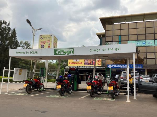 An electric charging station for motos in Kigali. 