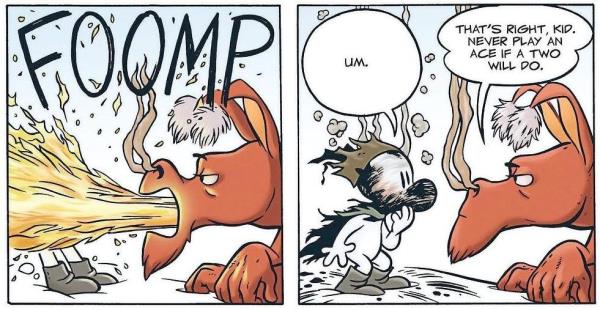 It doesn’t look like it here, but the Great Red Dragon is usually quite kind towards Fone Bone. — Photo: Image Comics