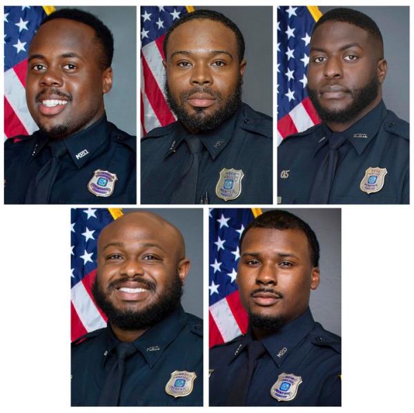 Images provided by the Memphis Police Department show, top row from left: officers Tadarrius Bean, Demetrius Haley, Emmitt Martin III, and bottom row from left: Desmond Mills Jr. and Justin Smith. 